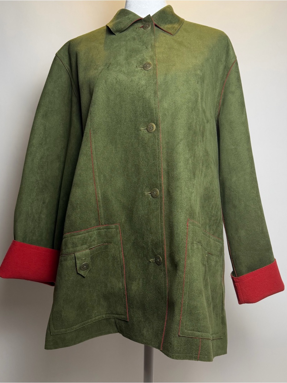 Alfred Dunner Olive Green Suede Jacket with Red Cuff Detail